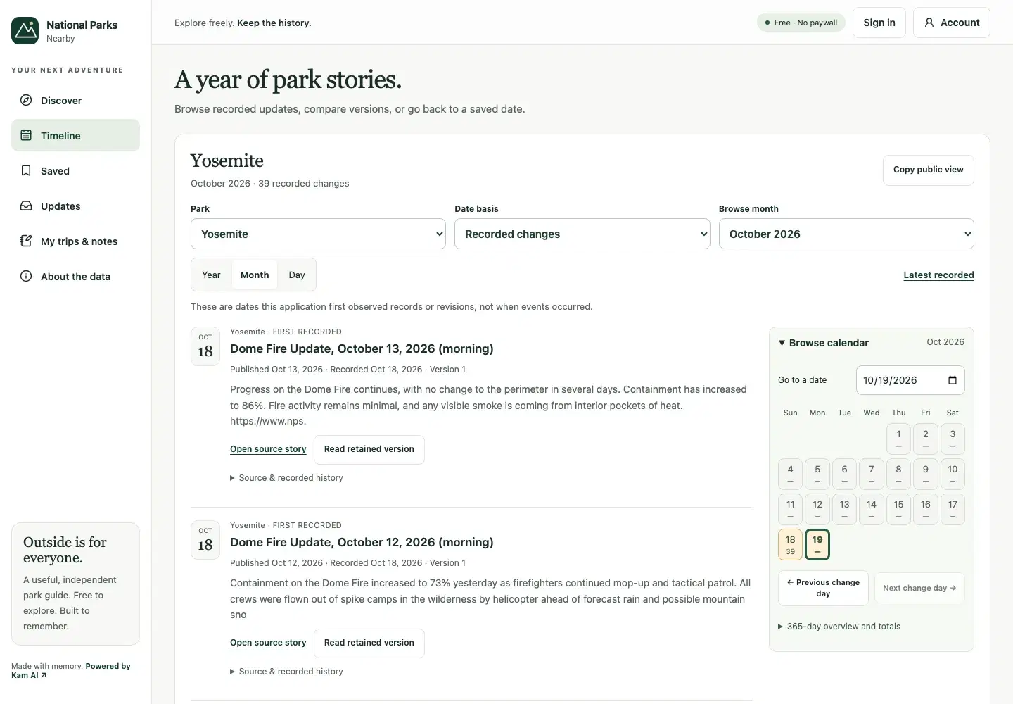 National Parks Nearby public timeline with dated source records and a selectable month calendar.