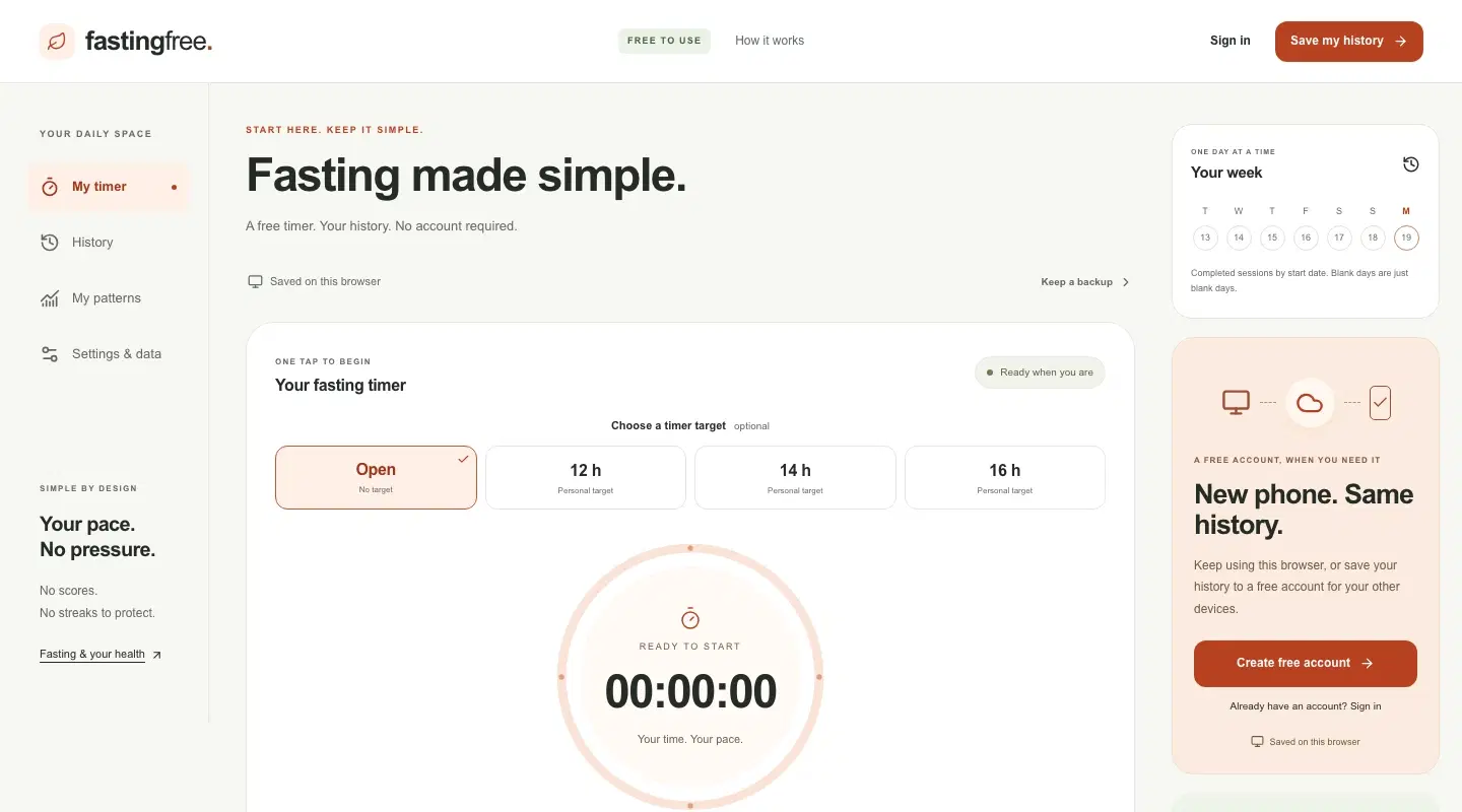 Fasting Free’s current public timer and optional account saving, in an empty signed-out browser.