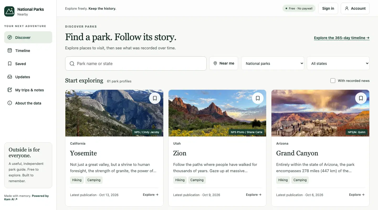 National Parks Nearby discovery screen with park search, state filters and attributed park photographs.